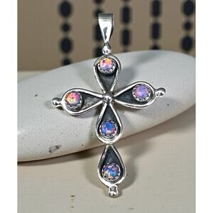 Sterling Opal Cross Pendant Pink Purple Fire Inlay Native Style 2” Southwest